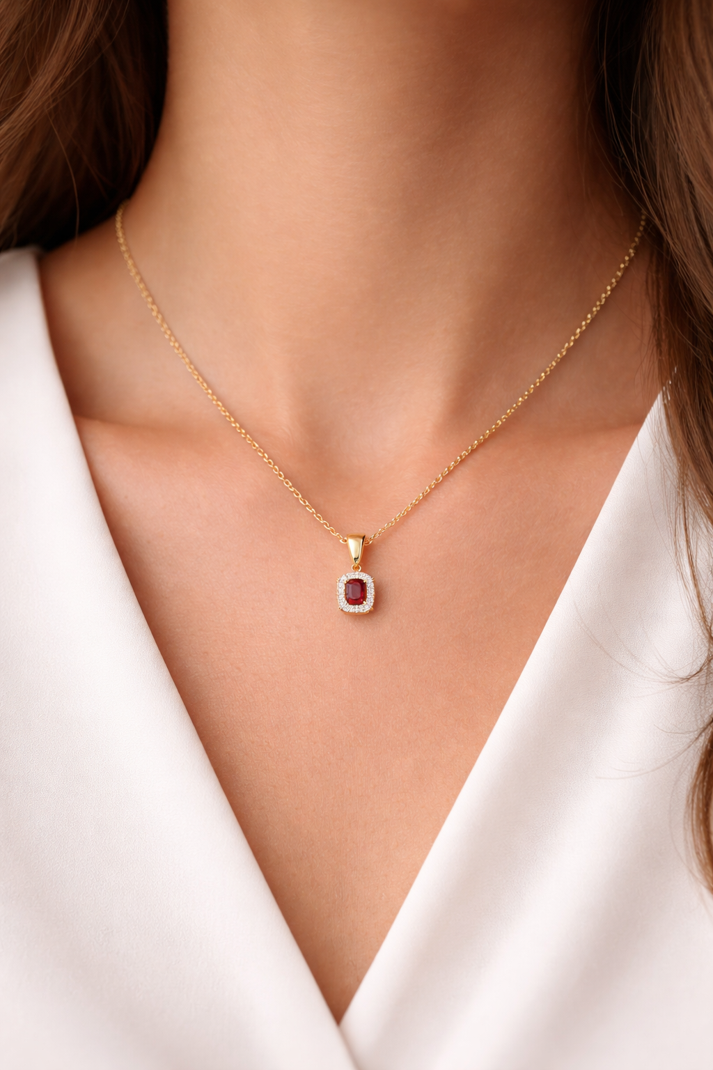 Real Garnet Pendant With Diamond Halo Solid Yellow Gold 18" 46cm Length Chain