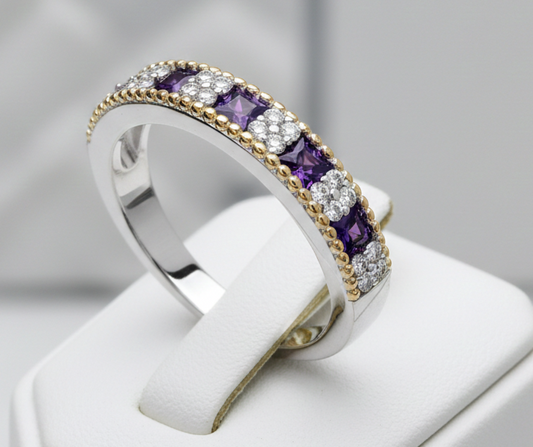 Sterling Silver Amethyst Eternity Ring  18ct Gold Detail 925 Hallmark Size K - S