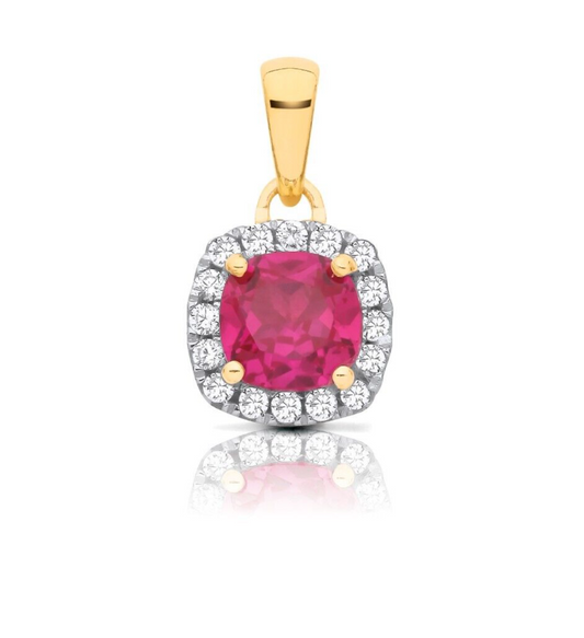 Ruby Cushion Cluster Pendant Solid 9ct Yellow Gold 18" Chain Hallmarked