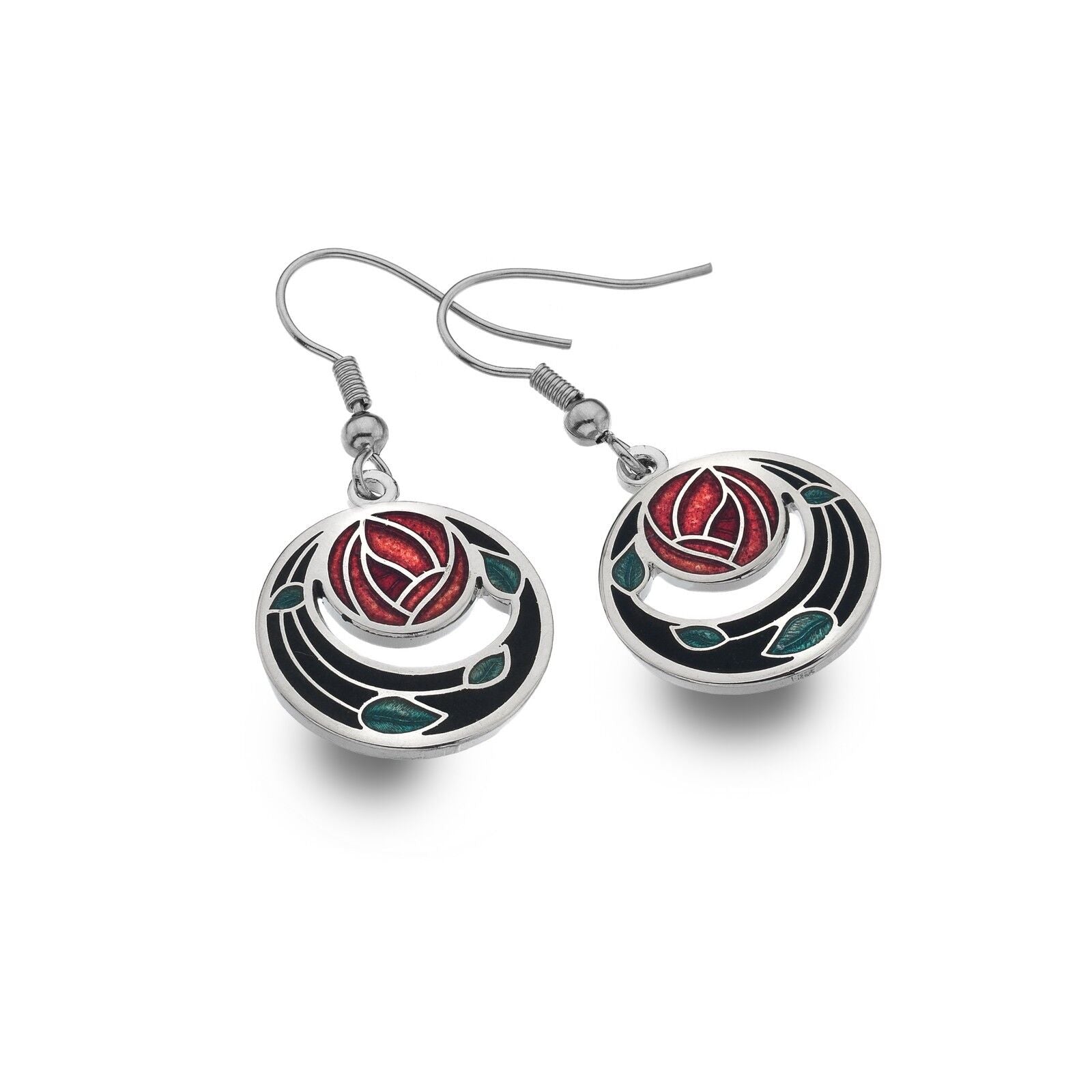 Mackintosh Rose Drop Earrings Coil Leaf Silver Plated Branded Packaging