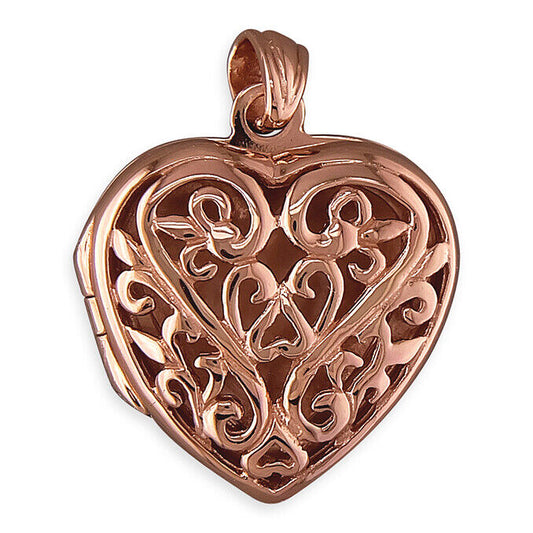 Rose Gold Heart Locket on Solid Sterling Silver Filigree Design 18" Chain