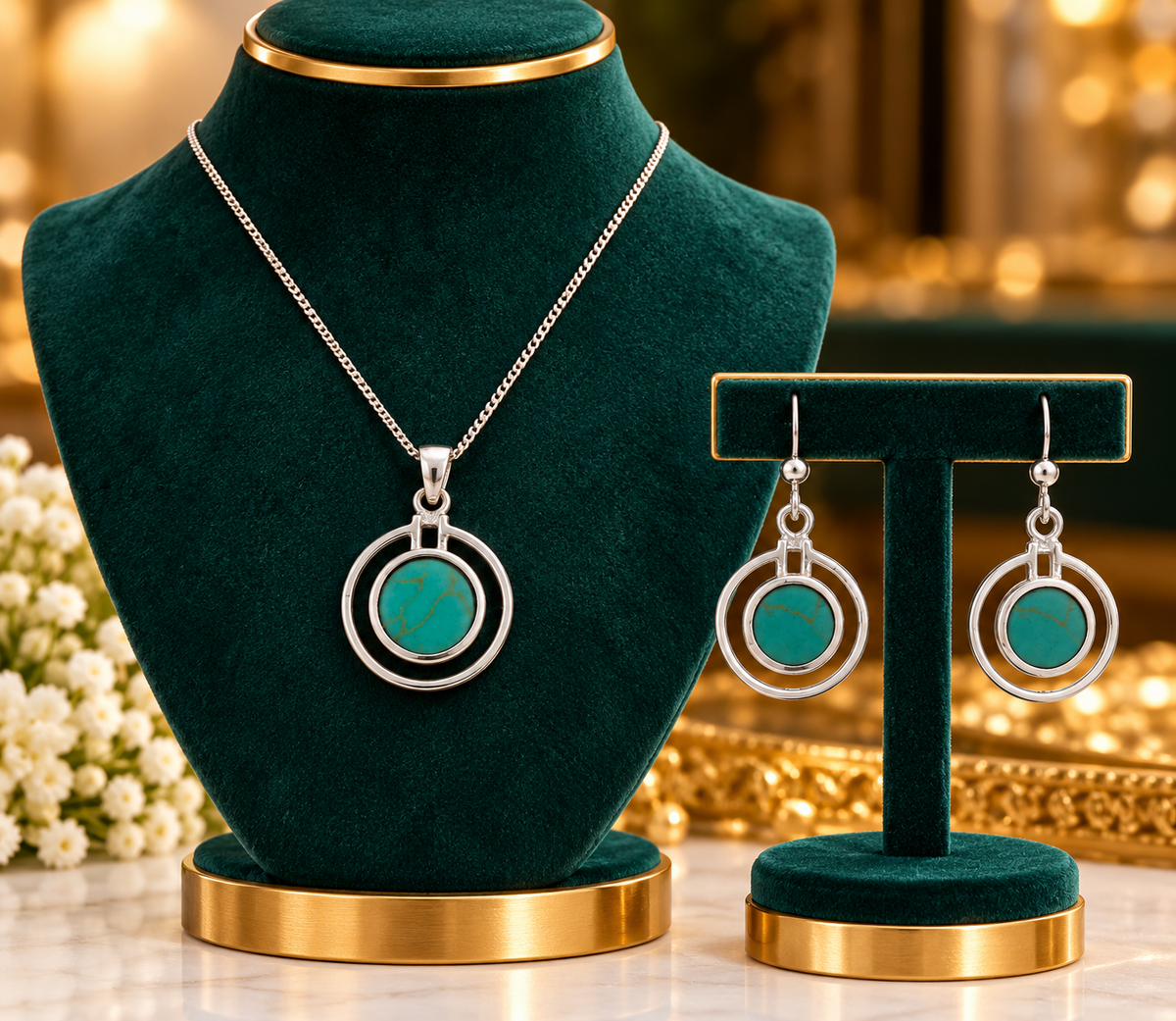 Real Turquoise Pendant and Earrings Set Solid Sterling Silver 925 18" Chain
