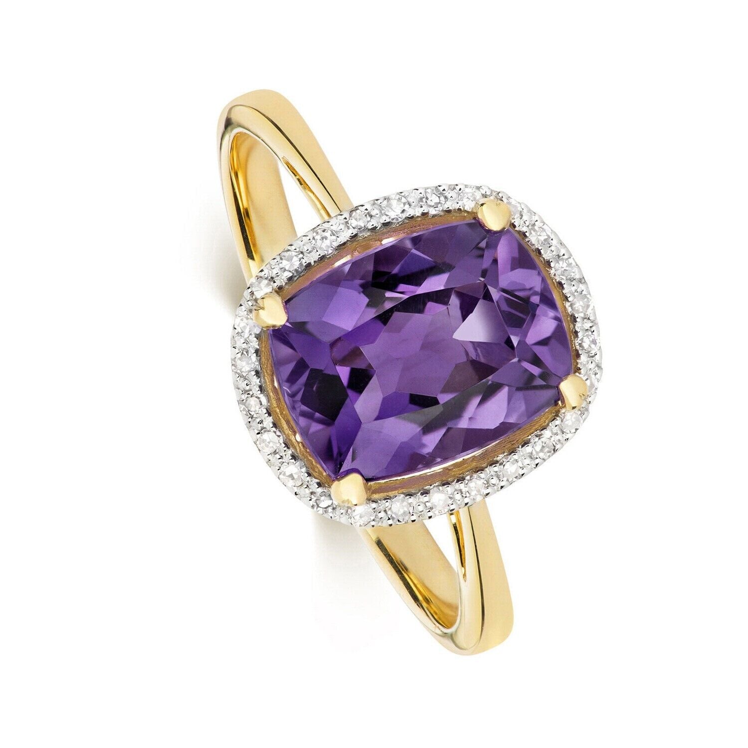 Real Amethyst and Diamond Ring Solid Yellow Gold 9 x 7mm Cushion Size J - Q