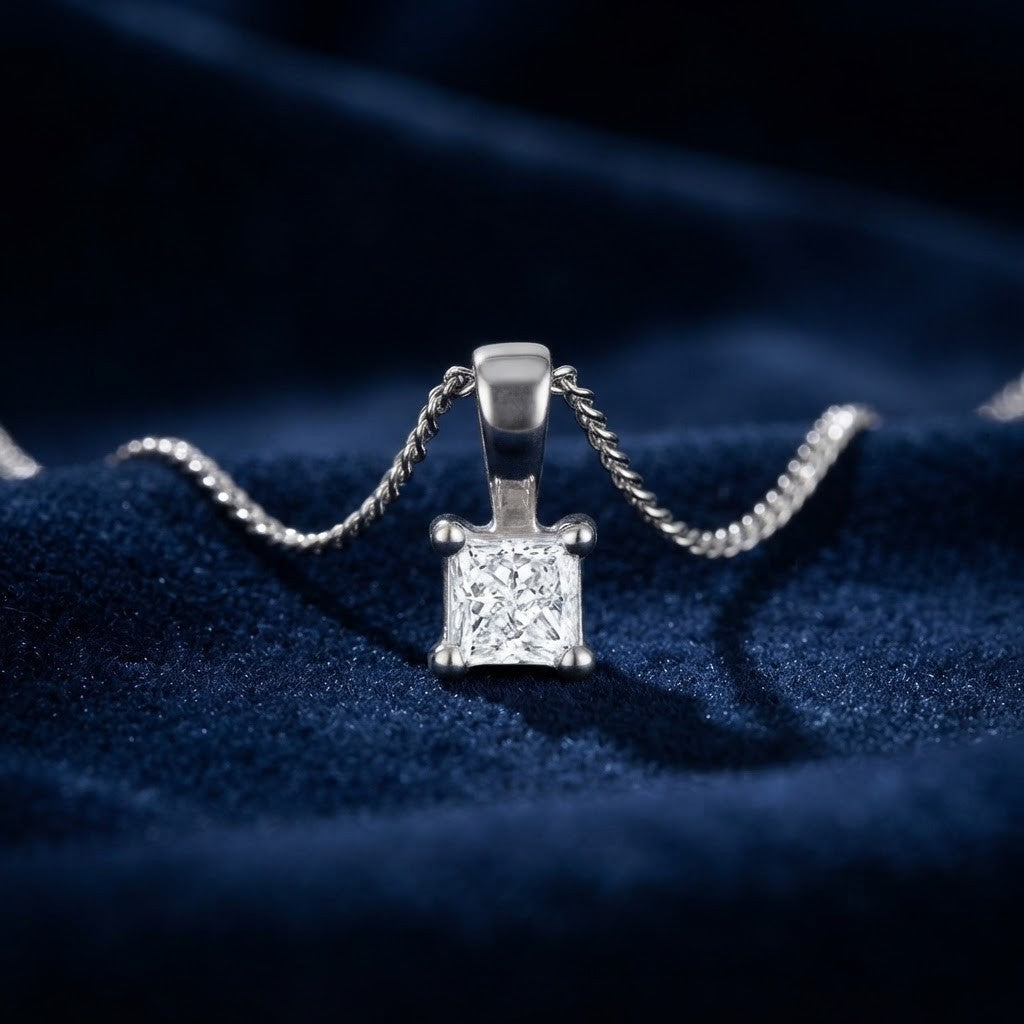 Stunning 0.25ct Princess Cut Diamond Solitaire Pendant Necklace 18ct White Gold