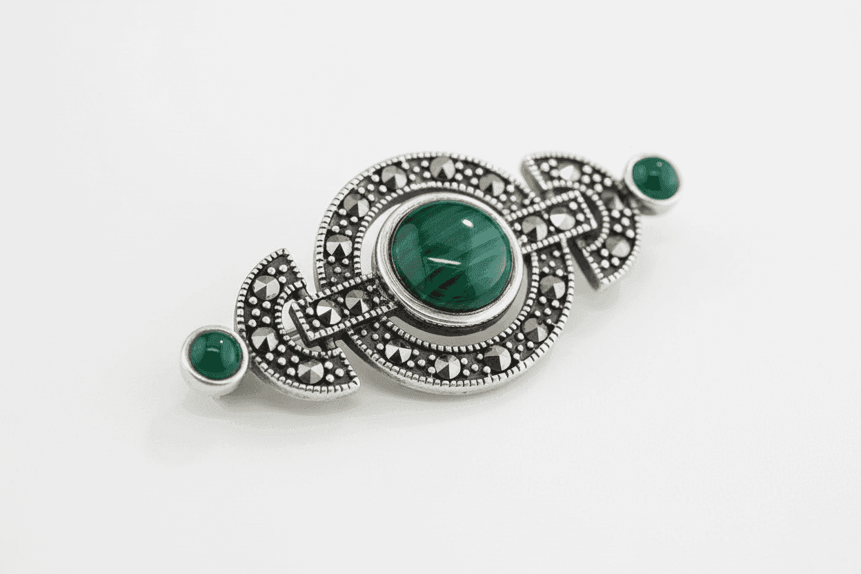 Art Deco Circles Brooch Marcasite and Green Agate 925 Sterling Silver