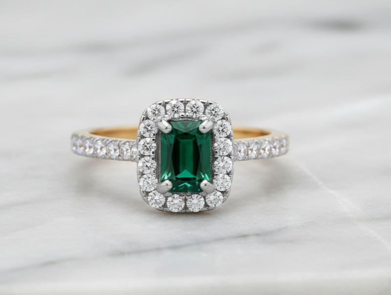 18ct Gold Emerald Ring Rectangle Halo on Sterling Silver 925 Hallmark Size K-S