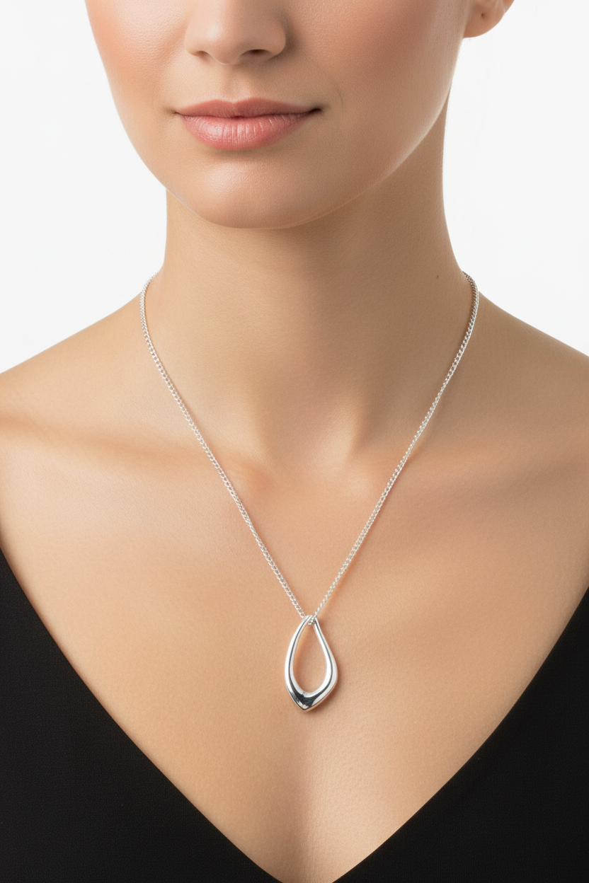 Organic Open Teardrop Necklace 18 inch Chain 925 Sterling Silver 925 hallmark