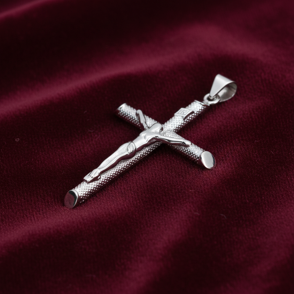 Sterling Silver Crucifix Pendant 925 Hallmark 47mm Rhodium Finish