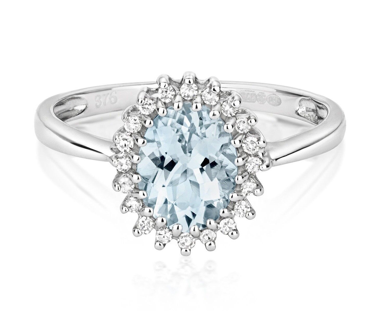 Real Aquamarine and Diamond Ring Solid White  Gold Cluster Engagement Size J - Q