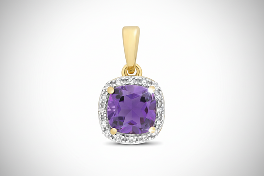 Amethyst and Diamond Pendant 9ct Yellow Gold Cushion Necklace Real Stones