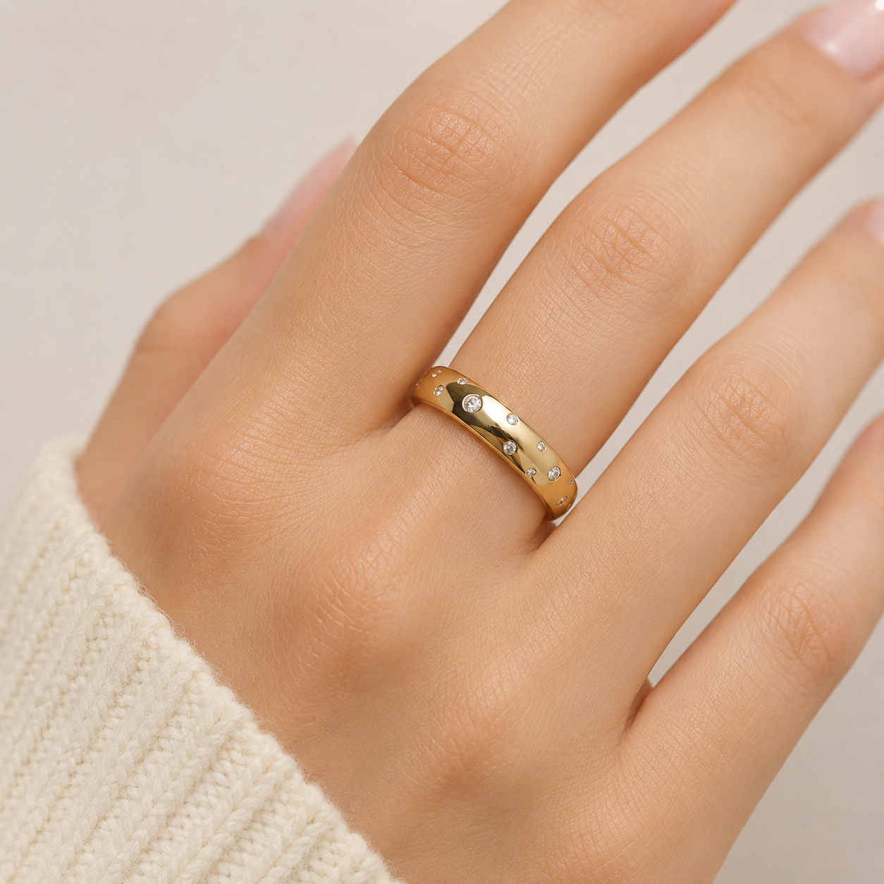Modern Zircon Studded Bombay Dome Ring 18ct Gold on Solid Sterling Silver