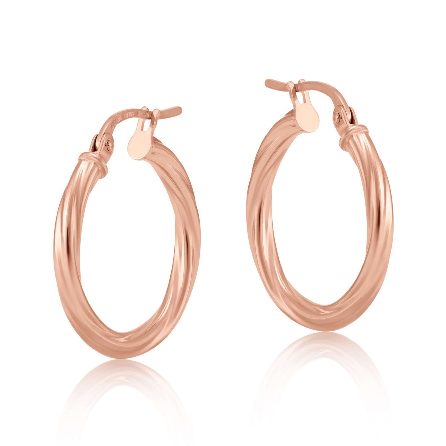 Rose Gold 20mm Twist Hoop Earrings Round Tubular Hoops Hallmarked