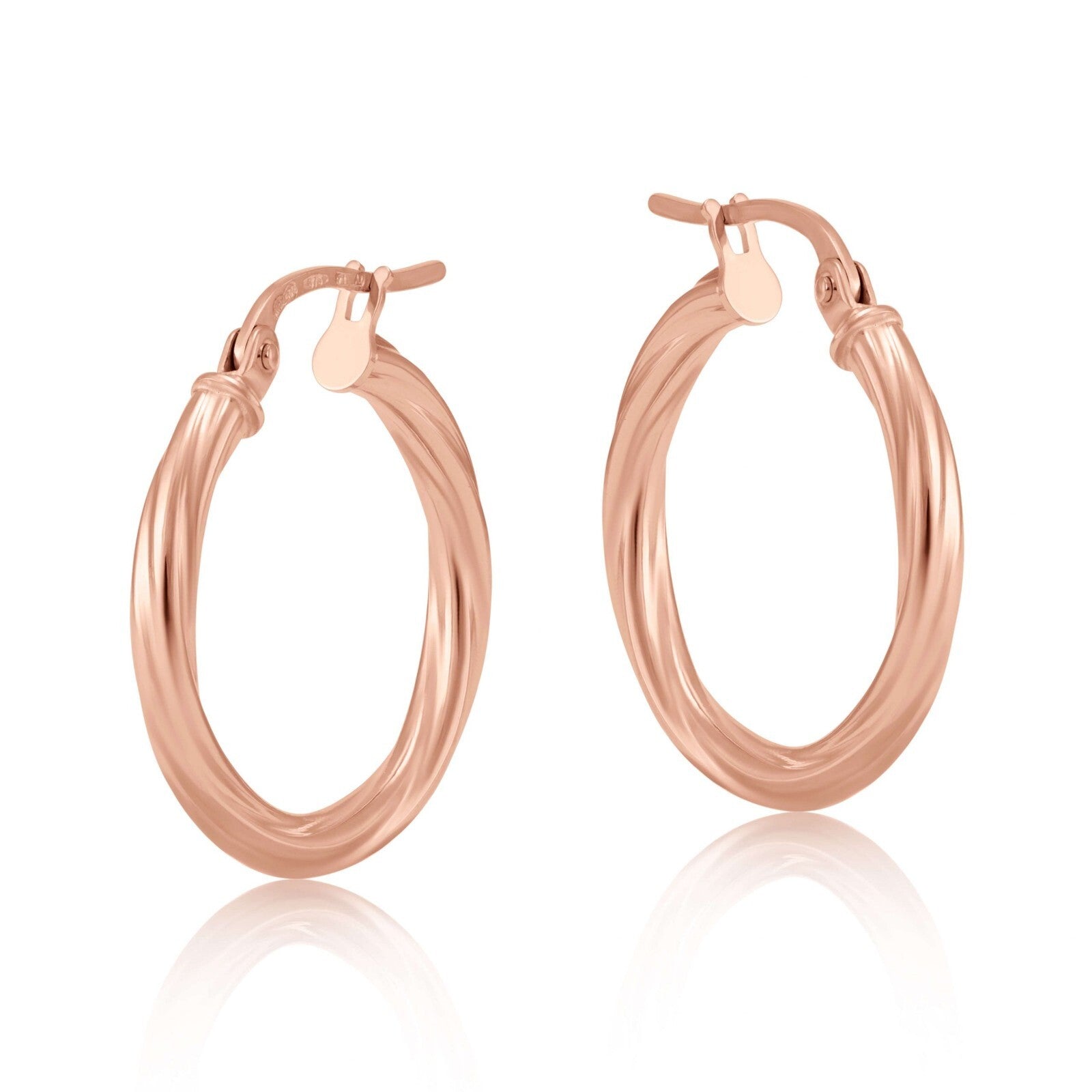 Rose Gold 20mm Twist Hoop Earrings Round Tubular Hoops Hallmarked