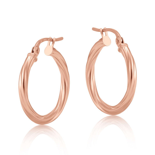 Rose Gold 20mm Twist Hoop Earrings Round Tubular Hoops Hallmarked