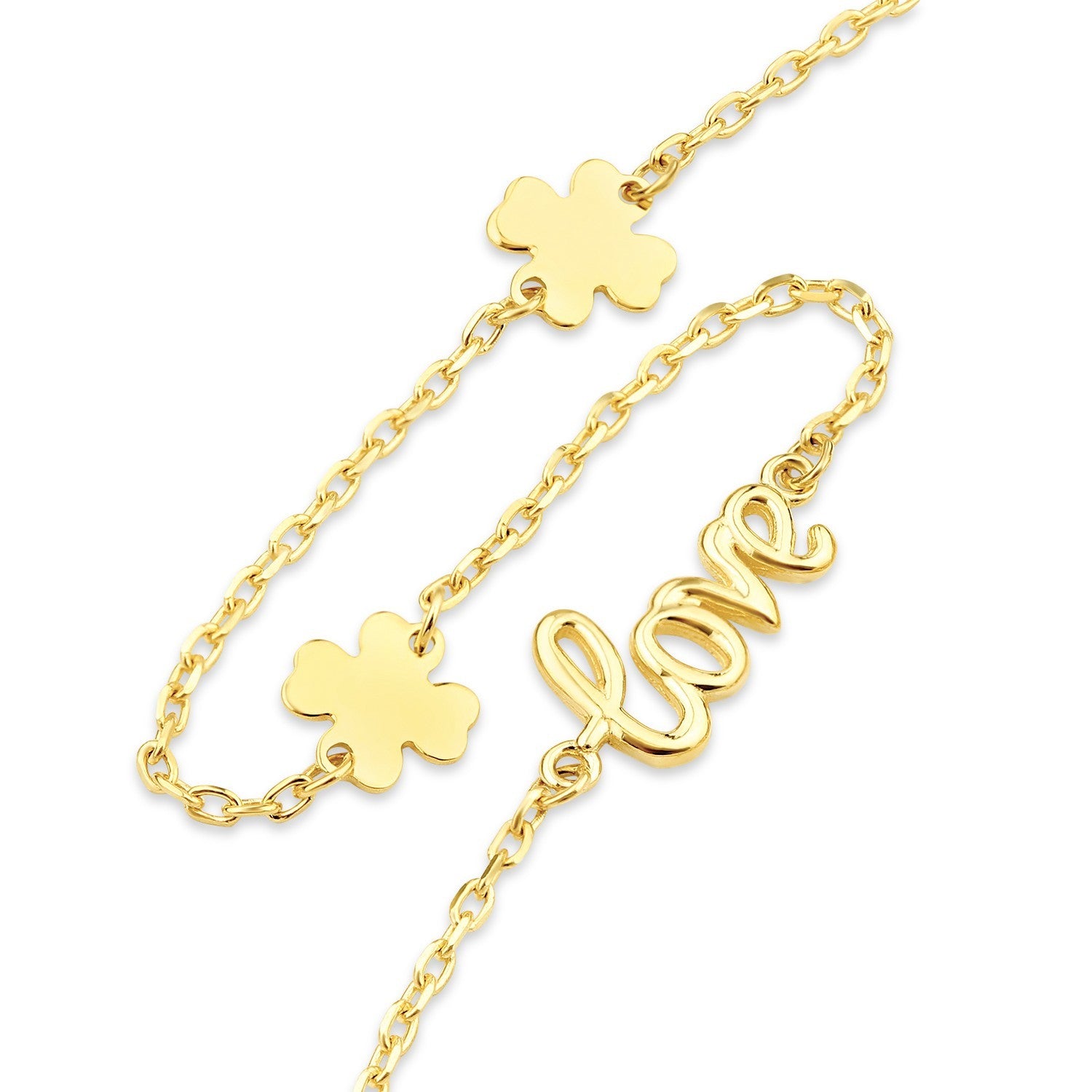 Love Script Four-Leaf Clover Gold Bracelet 9ct Gold 375 Hallmark 17.5 - 19cm
