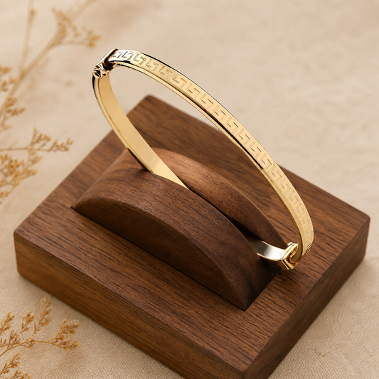 Ladies Greek Key Hinged Bangle 18ct Gold on Sterling Silver 925 Hallmarked