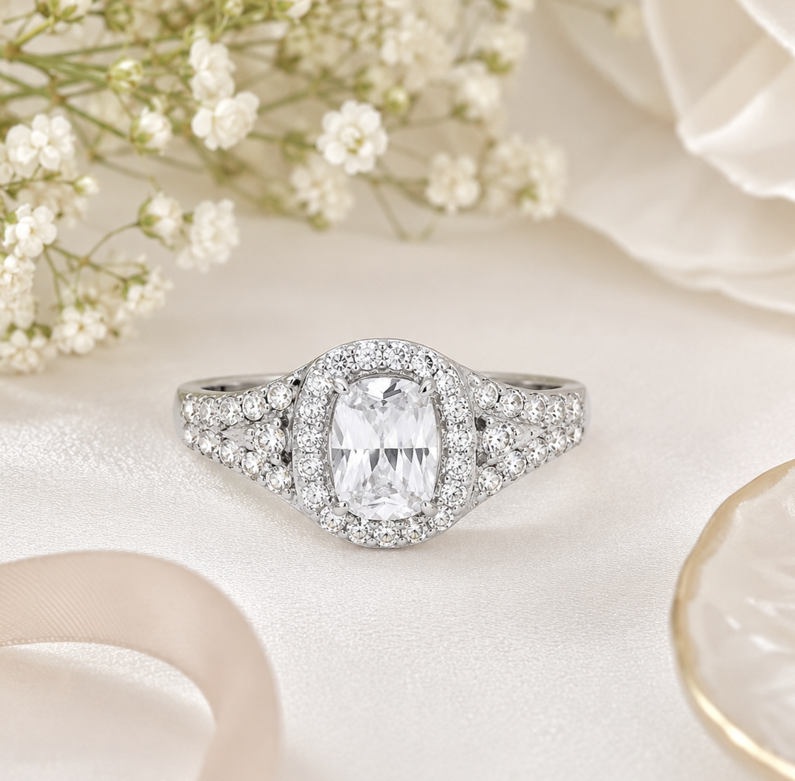 Radiant Cushion-Cut Halo Ring in Solid Sterling Silver with Pavé Zircon Accents