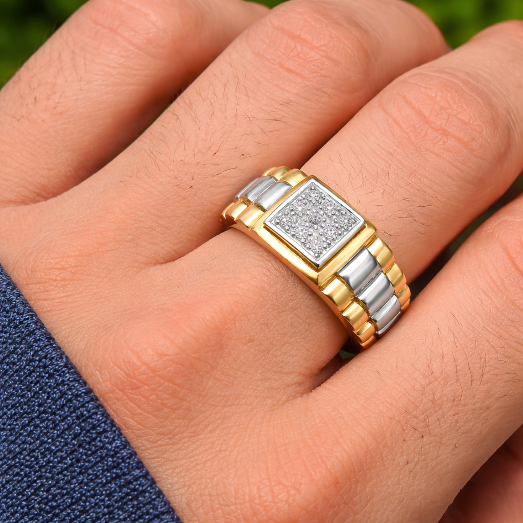 Men's Natural Diamond Ring Solid Yellow and White Gold 0.15ctw Diamonds
