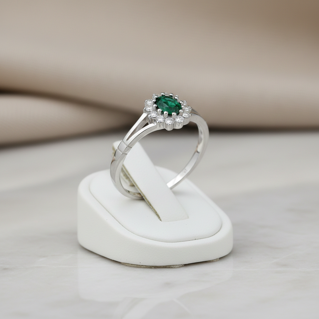 Sterling Silver Emerald Ring Oval Cluster Engagement 925 Hallmark Size K-S