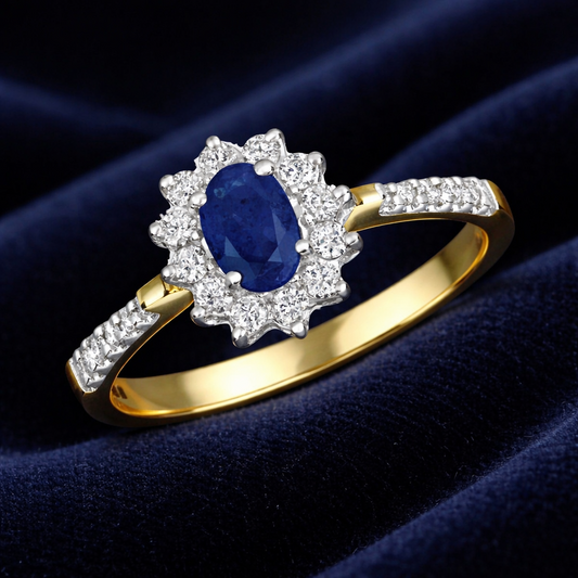 Real Sapphire and Diamond Ring 9ct yellow Gold Oval Cluster Engagement Size J-Q