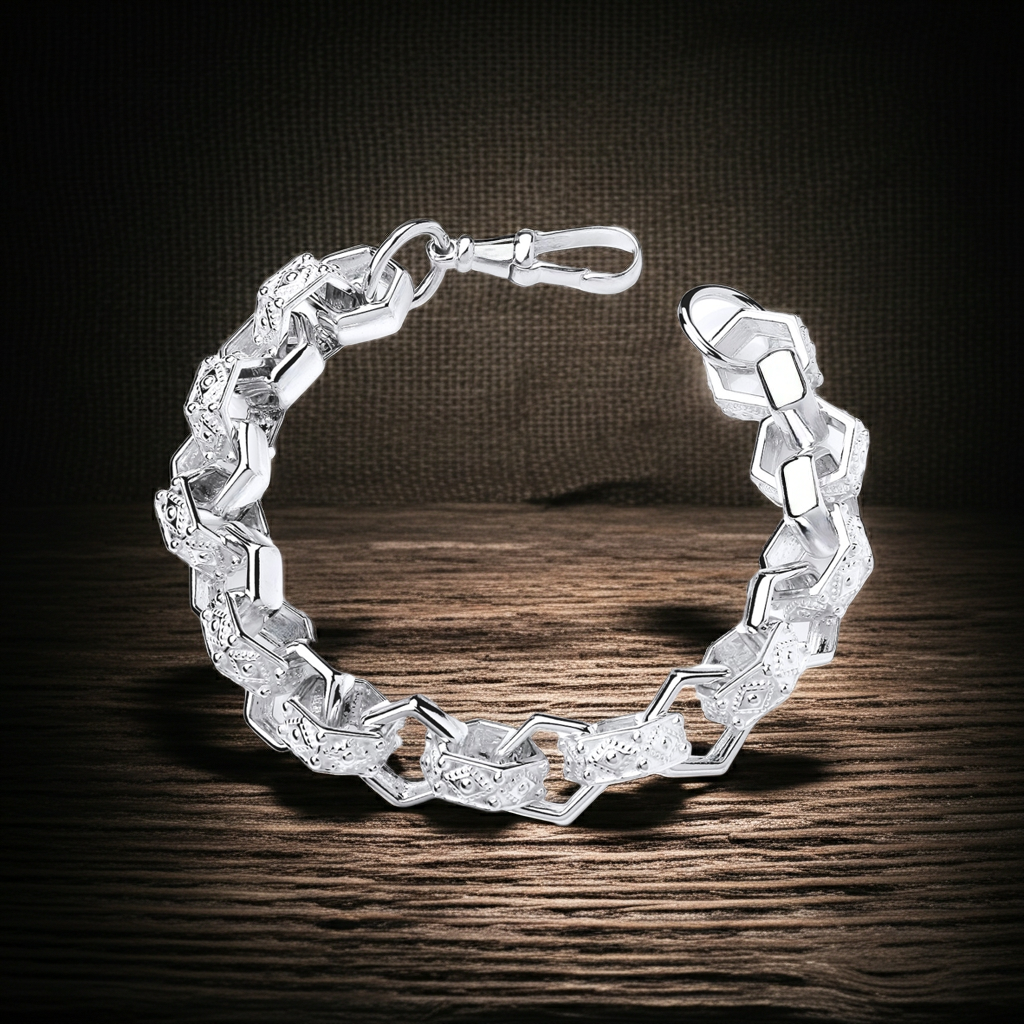 Mens Hexagon Patterned Belcher Bracelet Solid Sterling Silver 10" Hallmarked