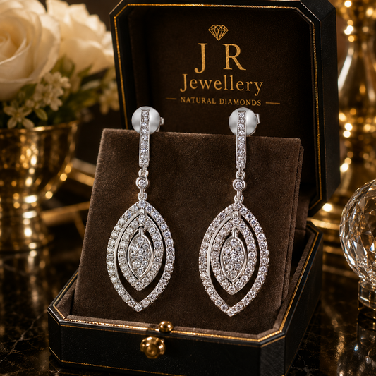 White Gold Diamond Drop Dangle Earrings Halo Marquise Elegant Fine Jewellery