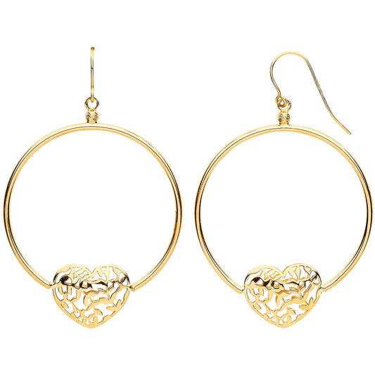 Filigree Heart Drop Earrings 9ct Yellow Gold Hallmarked Round Tube 52mm Drops