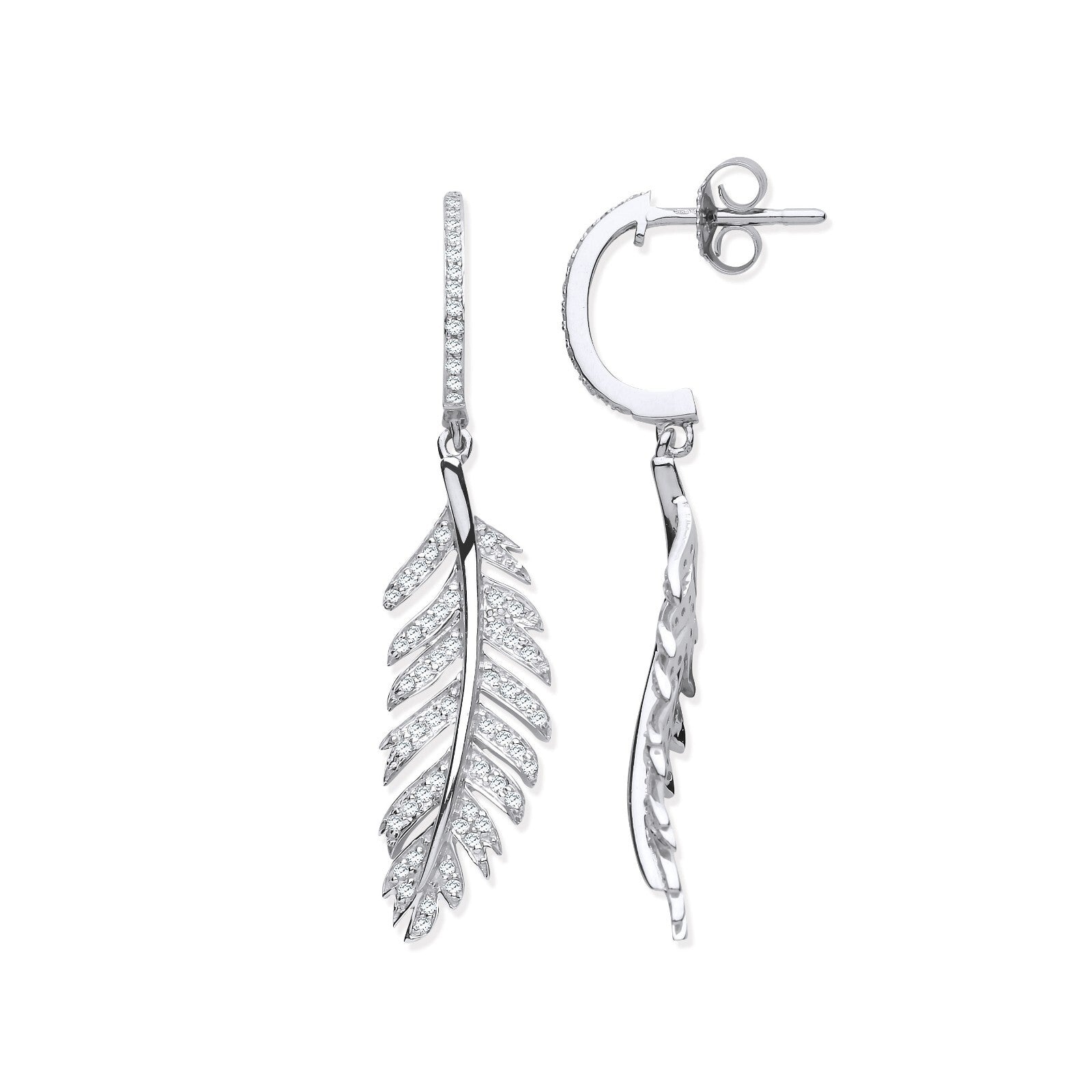 9ct White Gold Feather Drop 0.40ctw Diamond Earrings 41mm Length Hallmarked