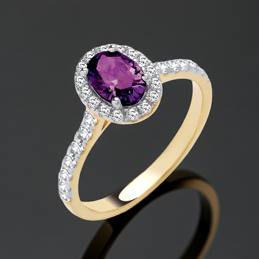 18ct Yellow Gold Amethyst Ring Halo on Sterling Silver 925 Hallmark Size K-S