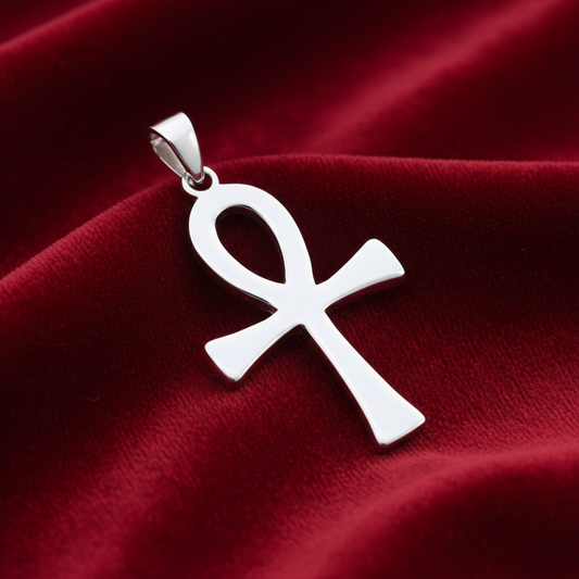 Sterling Silver Large Ankh Cross Pendant 925 Hallmark 46mm Rhodium Finish