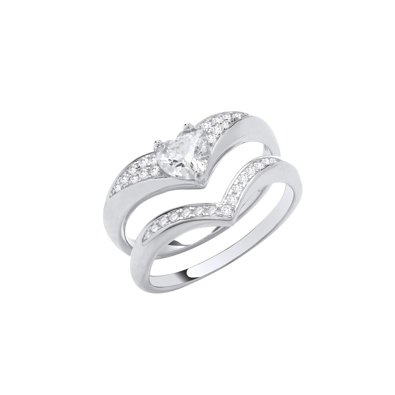 Sterling Silver Bridal Set Heart Zircon Wishbone Rings 925 Hallmark Sizes  J - Q