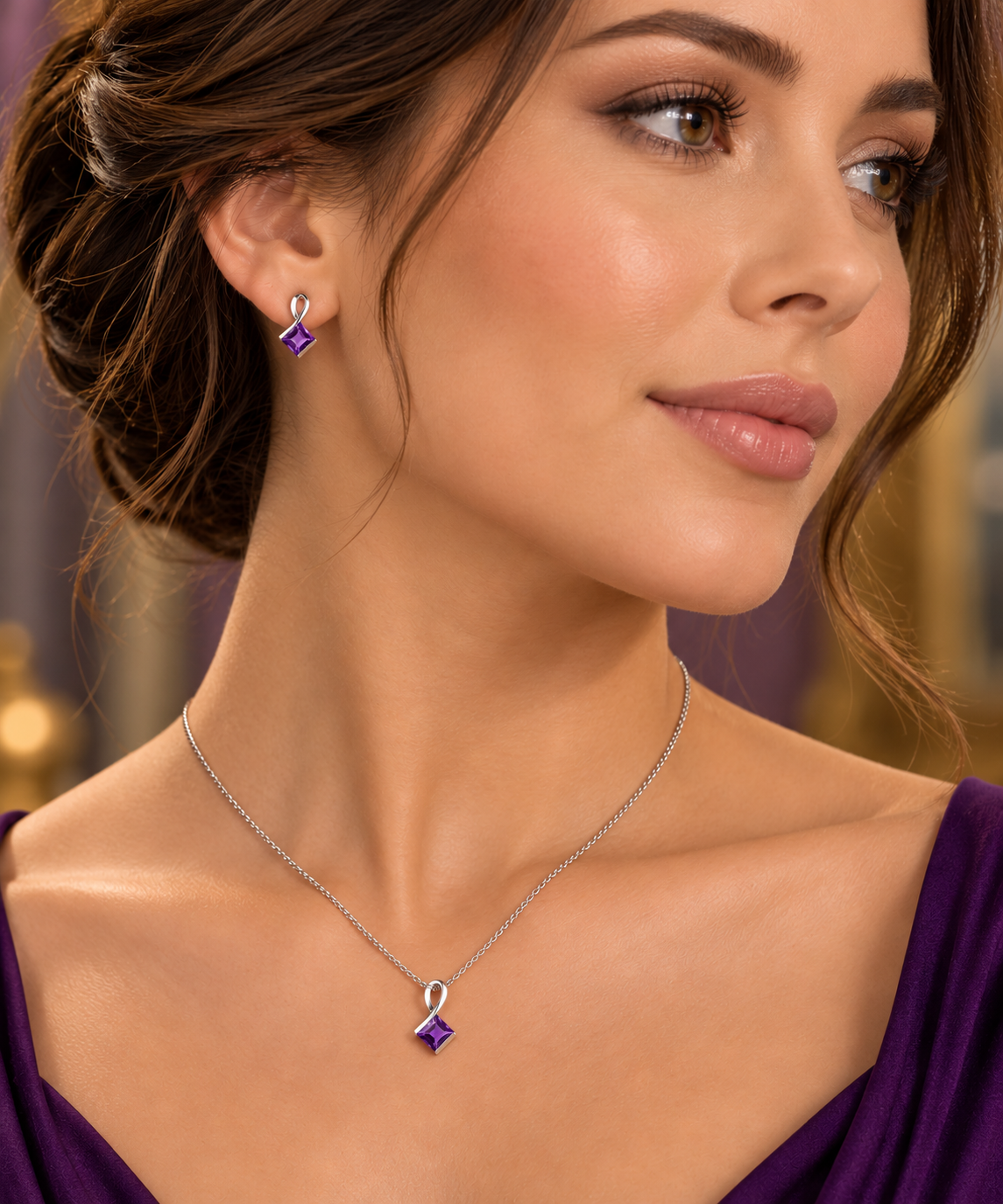 Real Amethyst Solitaire Matching Pendant and Earrings Set Sterling Silver 18"