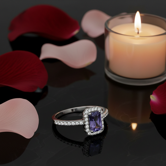 Sterling Silver Tanzanite Ring Halo Cluster Engagement 925 Hallmark Size K-S