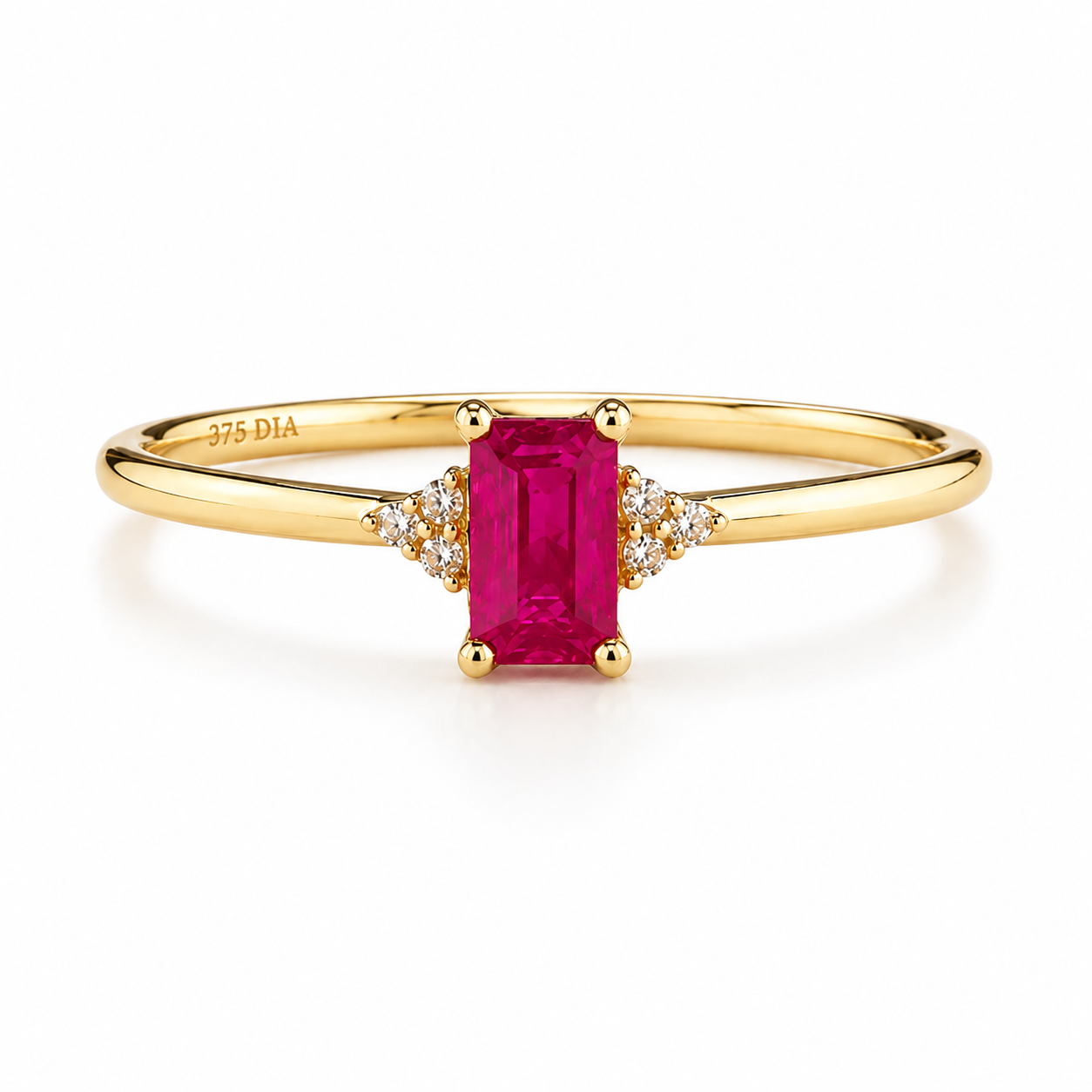 Ruby Emerald Cut Solitaire Ring Natural Diamond Accents 9ct Yellow Gold