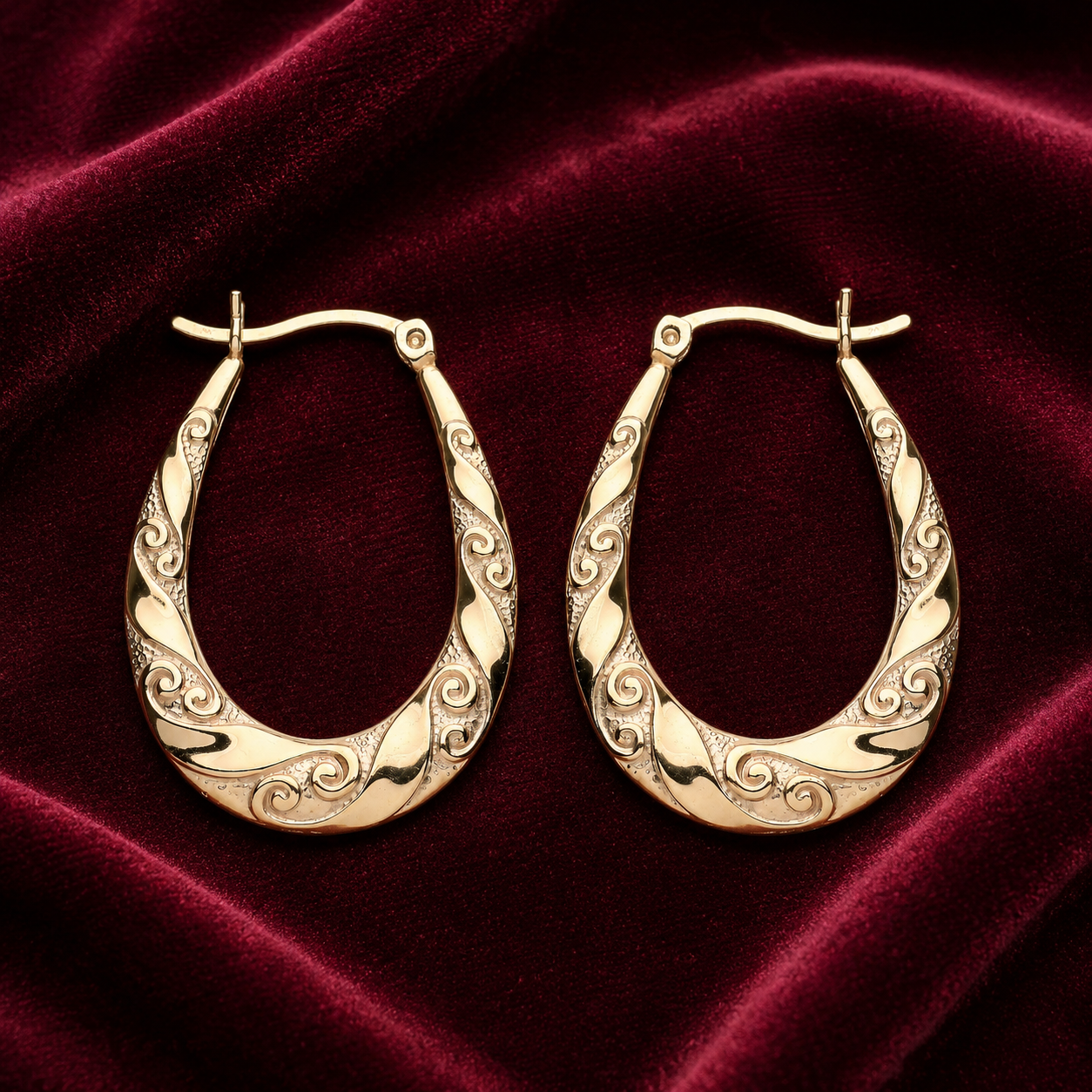 Scroll Oval Creole Hoop Earrings 18ct Gold on Sterling Silver 32mm 925 Hallmark