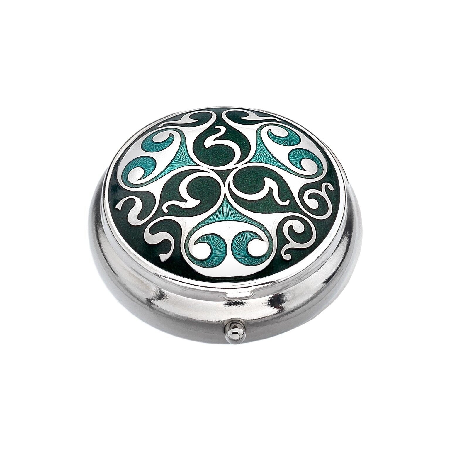 Pillbox Silver Plated Medieval Scrolls Green Brand New and Boxed