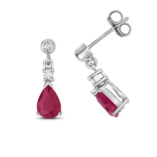 Ruby and Diamond Earrings 9ct White Gold Teardrop Pear Drops