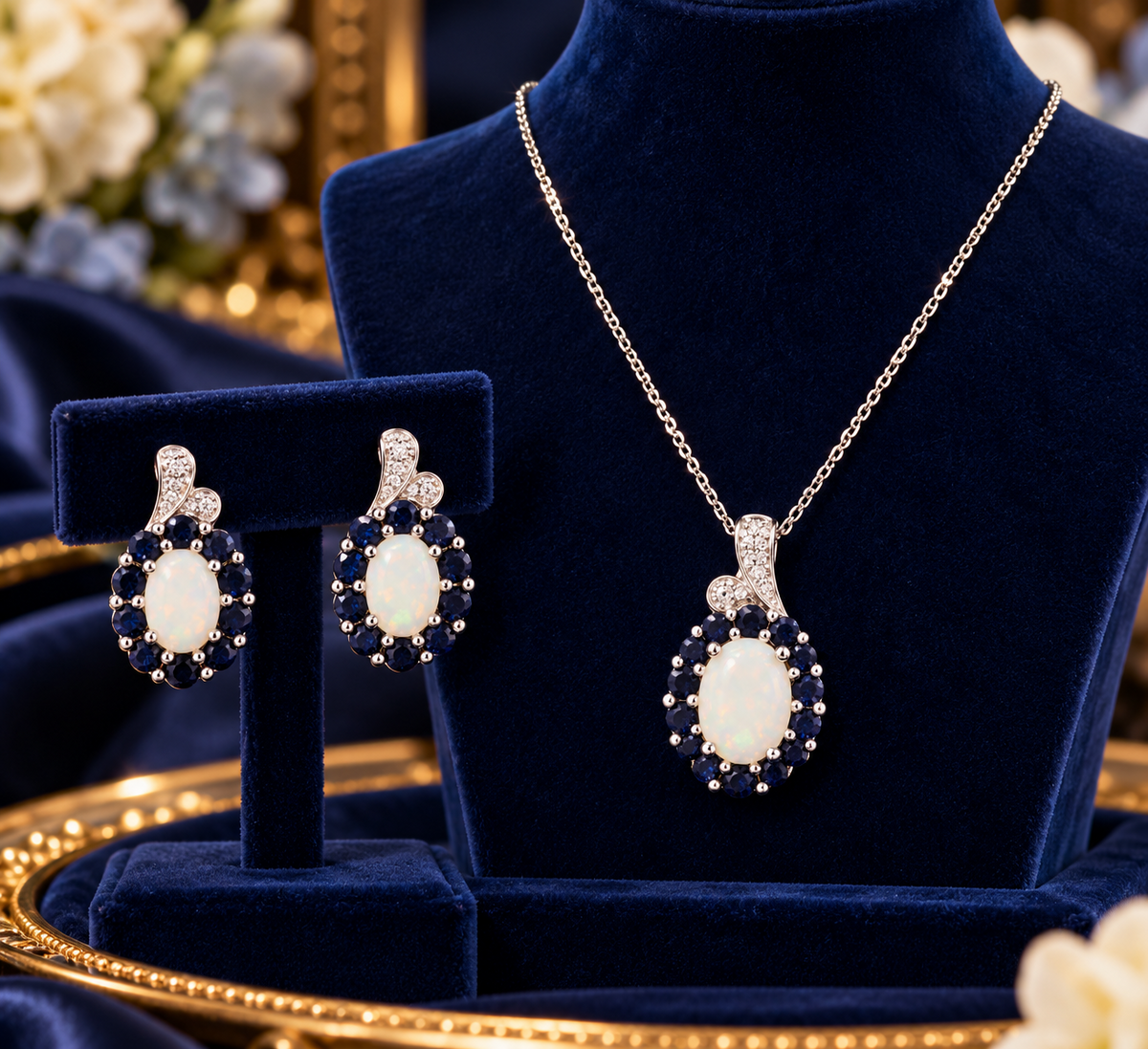 Sapphire Opal and Diamond Pendant & Matching Earrings Set Solid Sterling Silver
