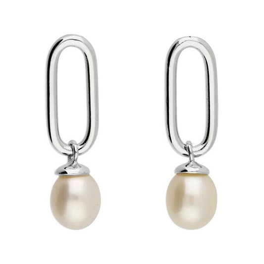 Oval with Freshwater Pearl Drop Stud Earrings Solid Sterling Silver 925