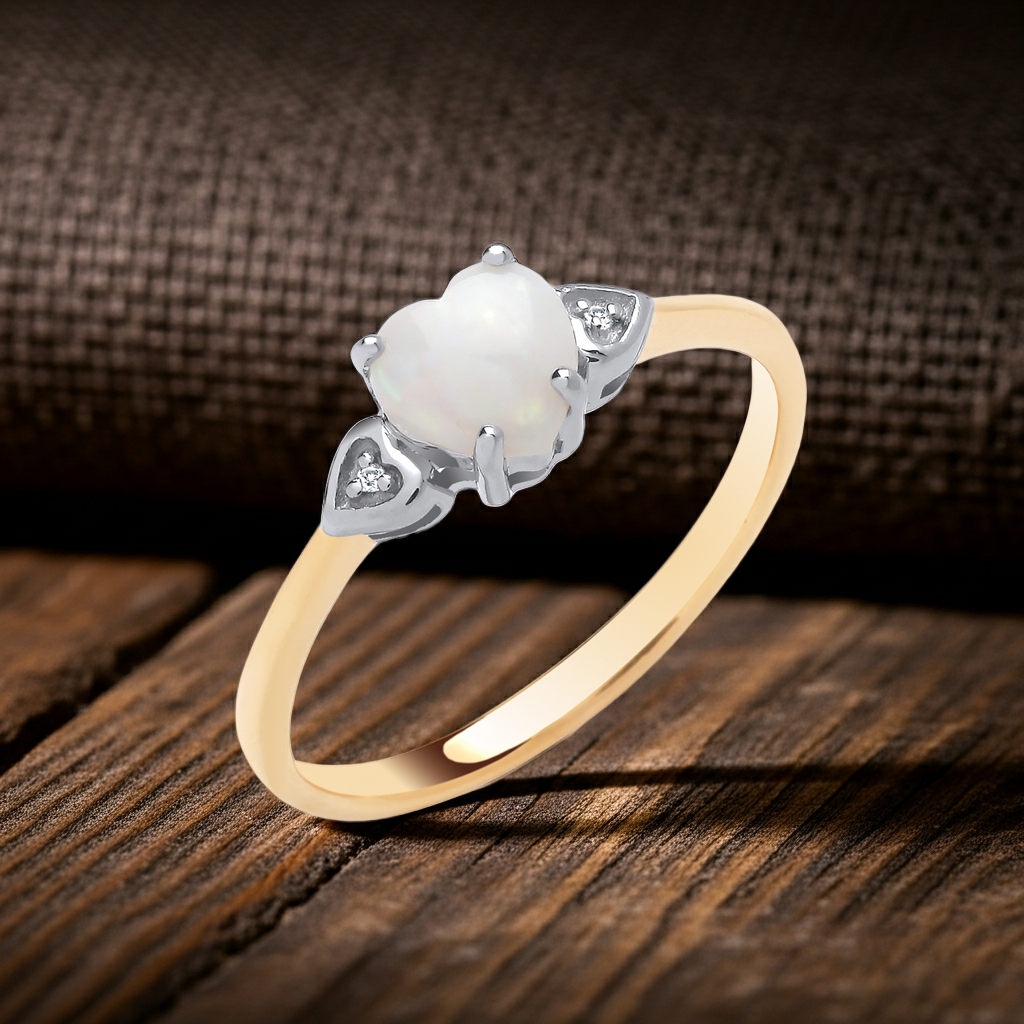 Natural Opal Heart and Diamond Ring 18ct Gold Solid Sterling Silver Size J - V