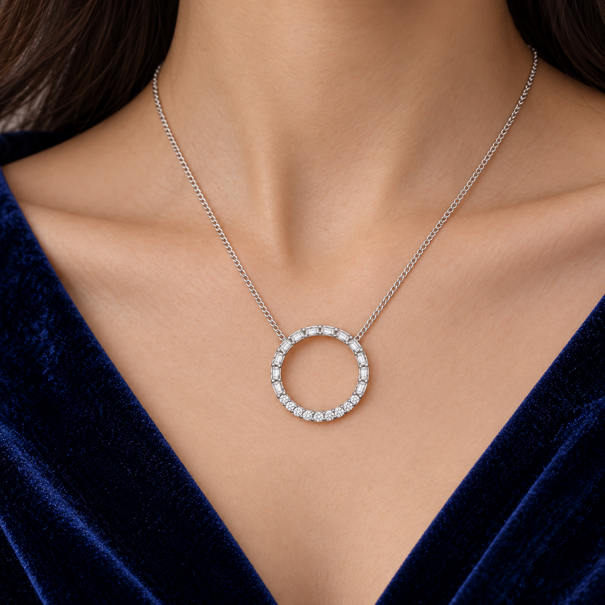 Baguette Diamond Circle Pendant 18ct White Gold 18" Chain 0.35ctw Real Diamonds