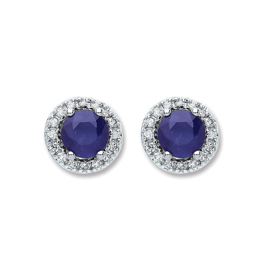 9ct White Gold Sapphire and Diamond Round Earrings 8.3mm Diameter Hallmarked