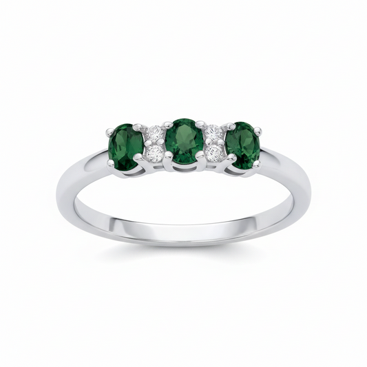 Emerald Three Stone Trilogy Ring Sterling Silver Engagment 925Hallmark Size K-S