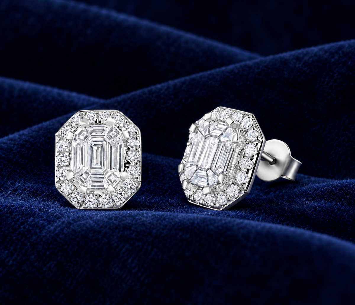 Real Diamond Octagon Earrings 18ct White Gold Baguette & Emerald Cut 1.40ctw
