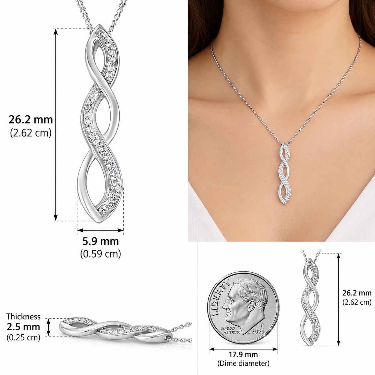 Real Diamond Twist Pendant Necklace 9ct White Gold 18" / 45cm Chain
