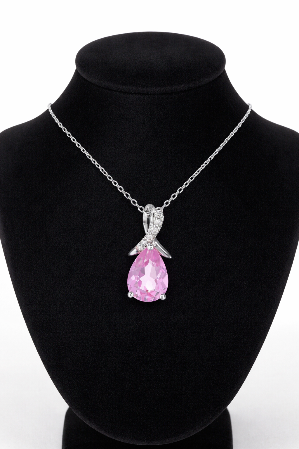 9ct White Gold Pink Sapphire Pendant With Diamond Kiss 18" 46cm Length Chain