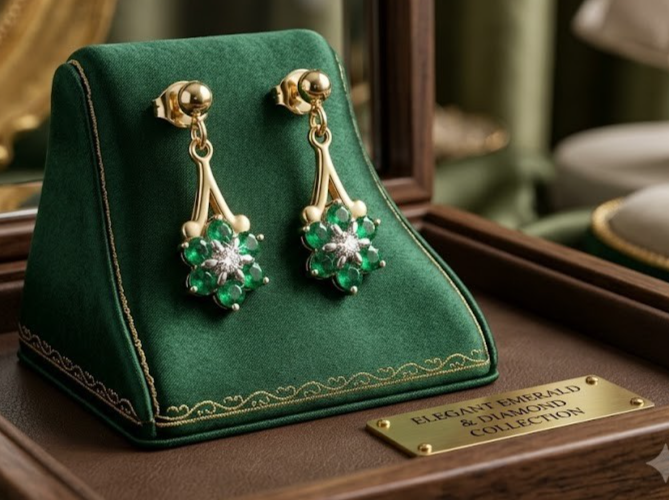 9ct Gold Emerald & Diamond Cluster Drop Dangle Earrings Vintage Floral Stud