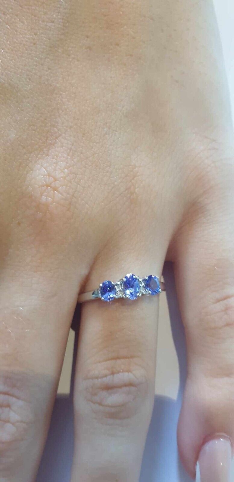 Real Tanzanite and Diamond Ring 9ct White Gold Trilogy Three Stone Size J - Q