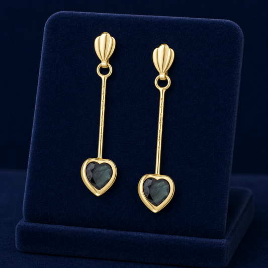 Natural Sapphire Heart Earrings Solid 9ct Yellow Gold Stick Drops Hallmarked