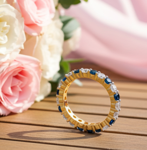 18ct Gold Sapphire Full Eternity Ring on Solid Sterling Silver 925 Hallmarked